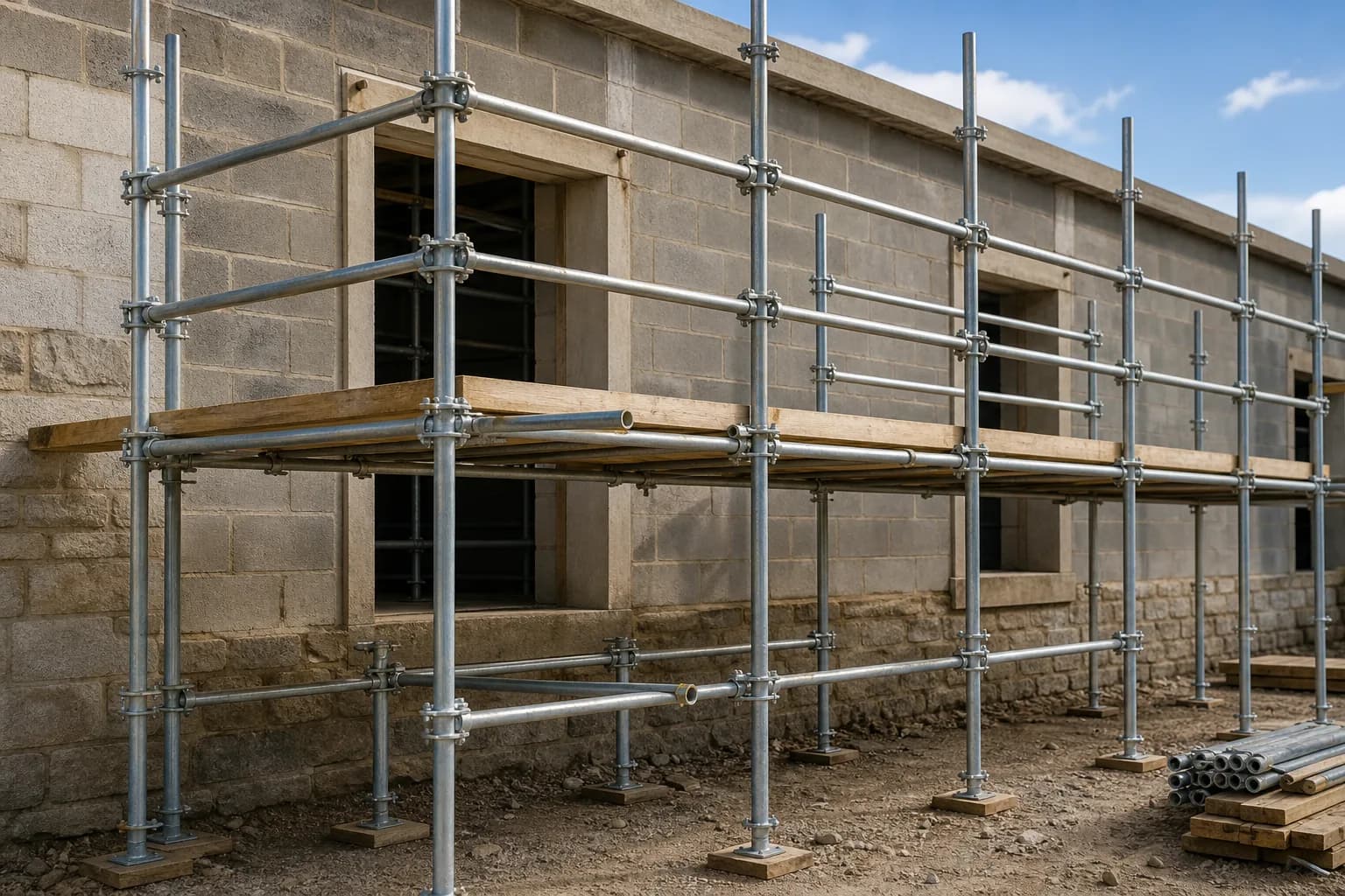 Partially erected scaffolding showing standards, ledgers and transoms on a construction site