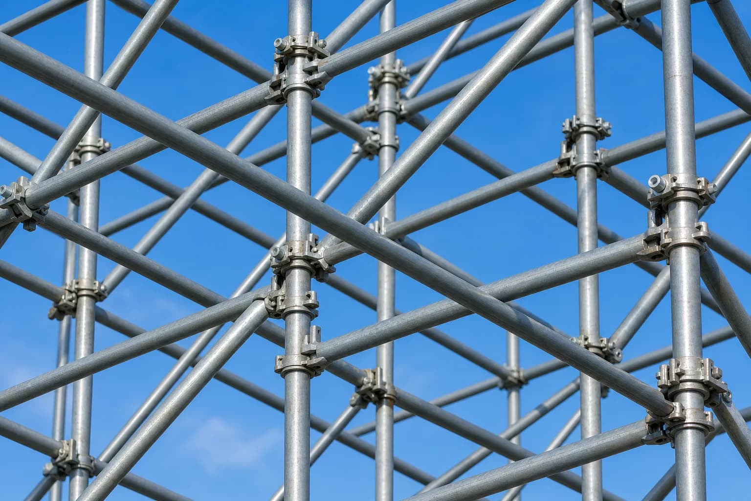 Close-up of scaffolding tubes and diagonal braces forming a strong lattice pattern