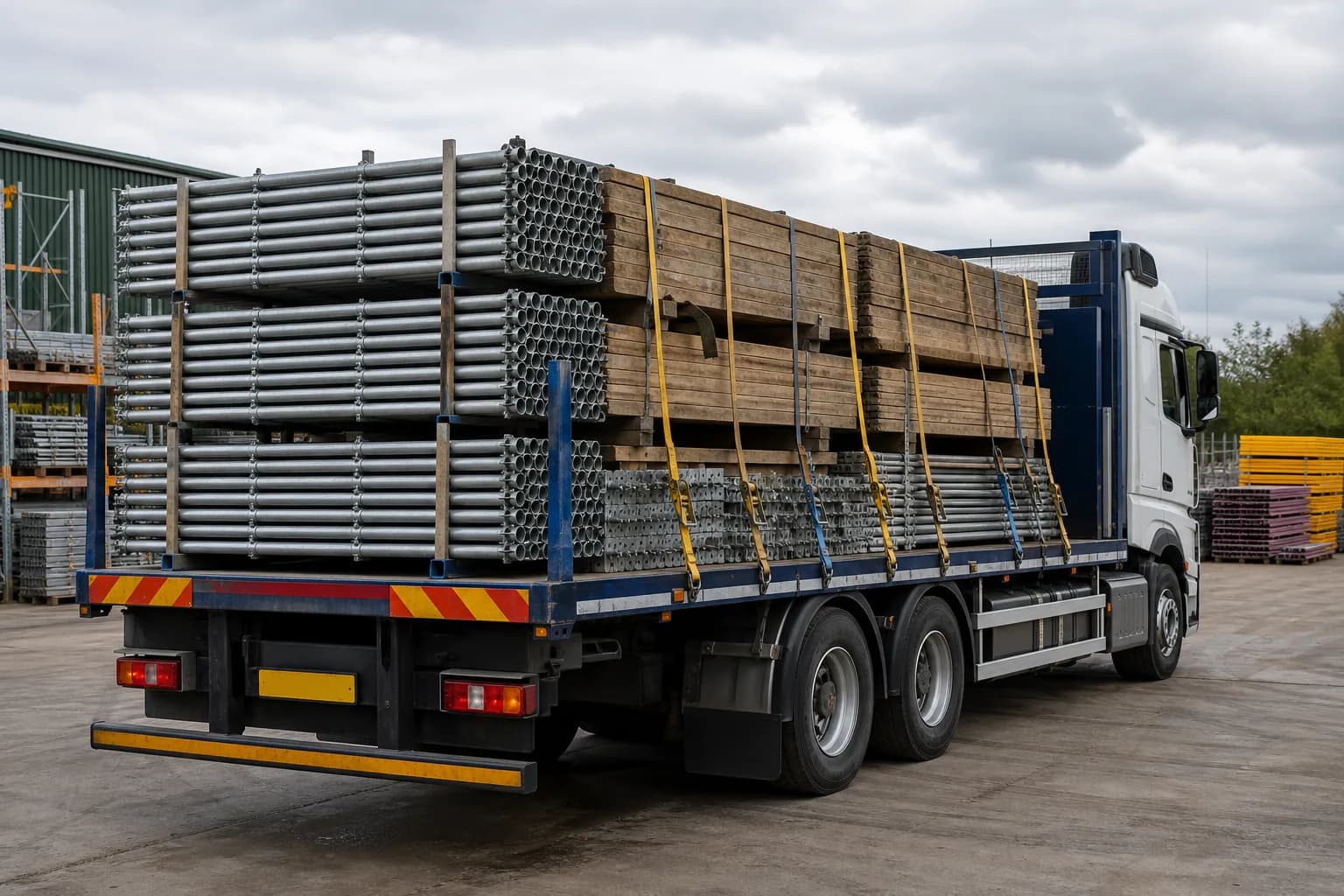 Scaffold tube and boards being unloaded from a lorry ready for erection